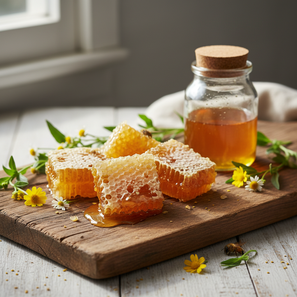 Trozos de panal en tabla de madera con tarro de miel y flores silvestres